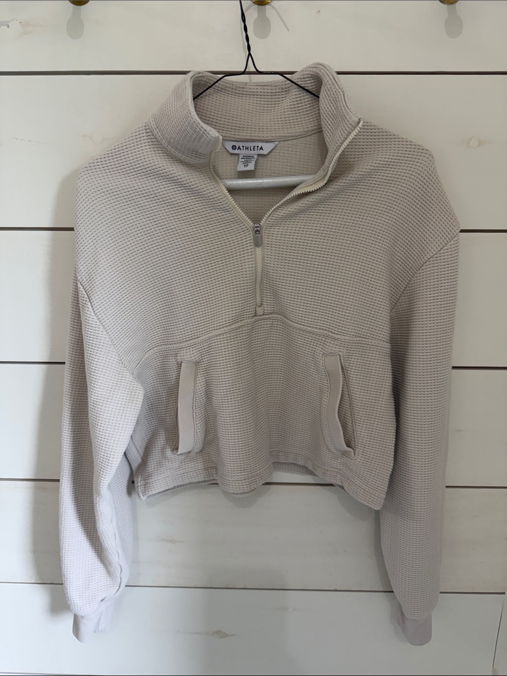 Athleta Beige Waffle Quarter-Zip Pullover